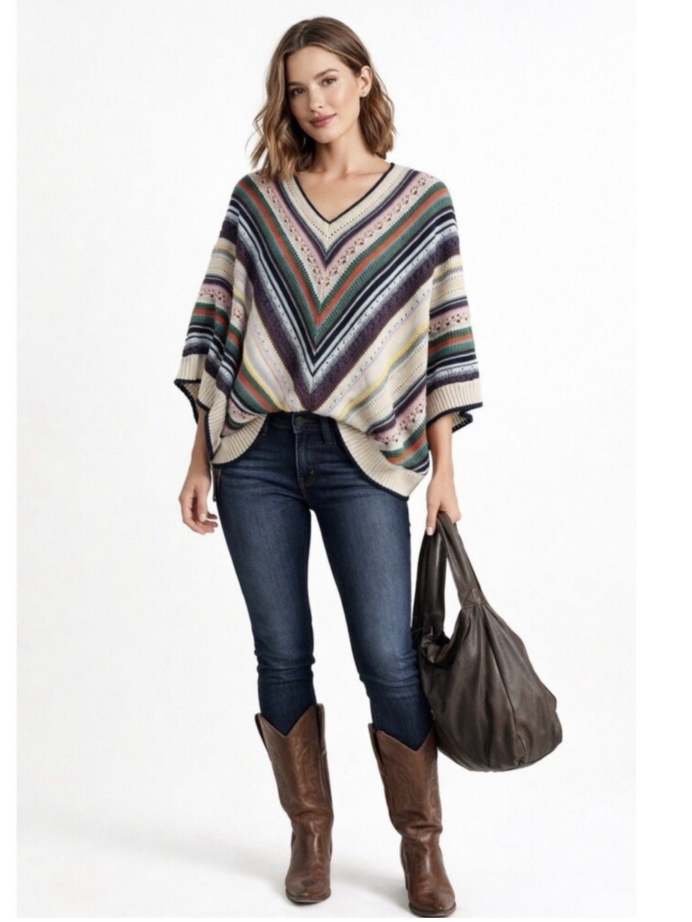 Democracy L/ XL Multi-Color Poncho Knit Western Boho Chevron